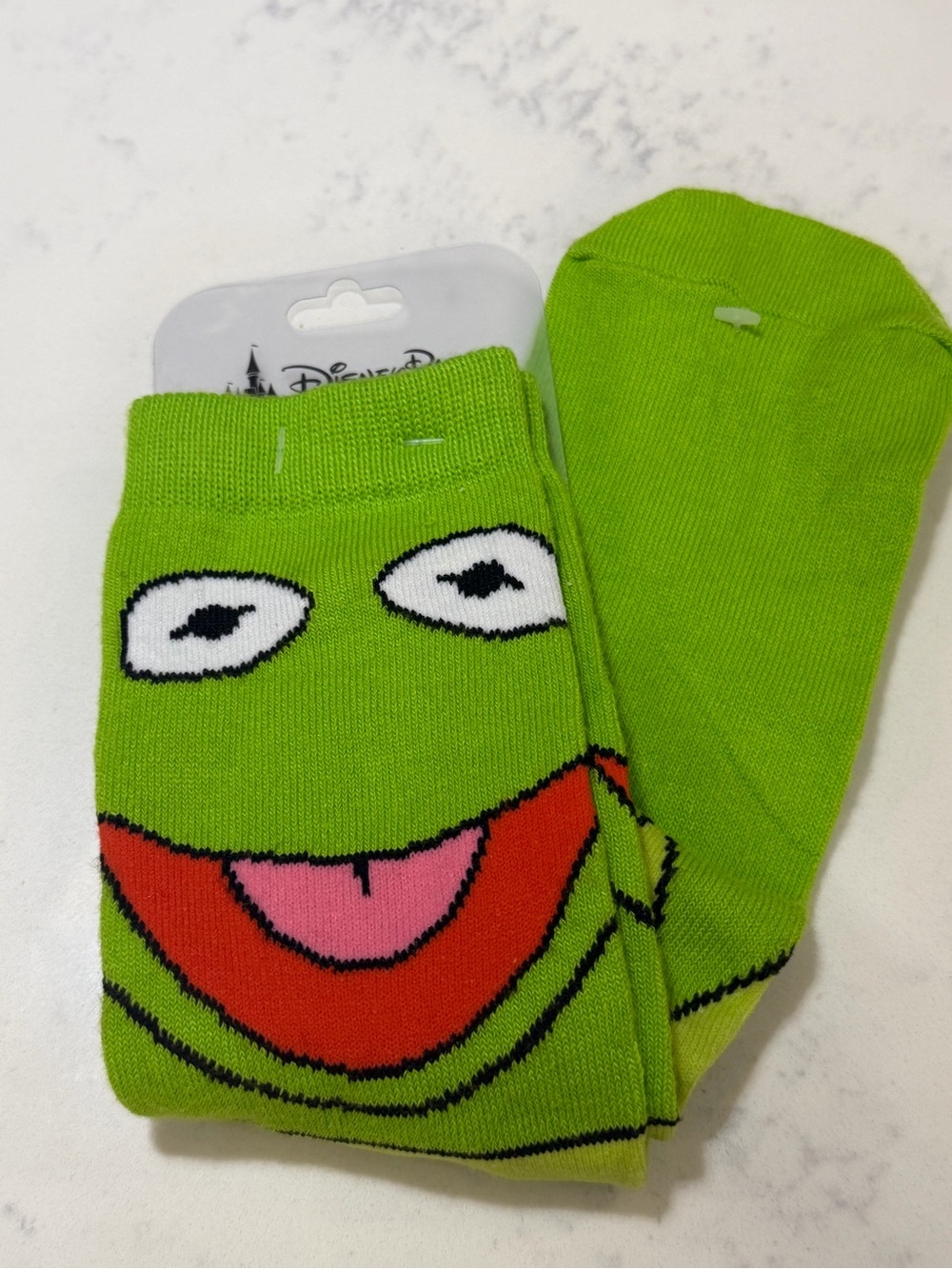 Disney Bright Green Kermit Face Kids Crew Socks with Red & Pink Mouth